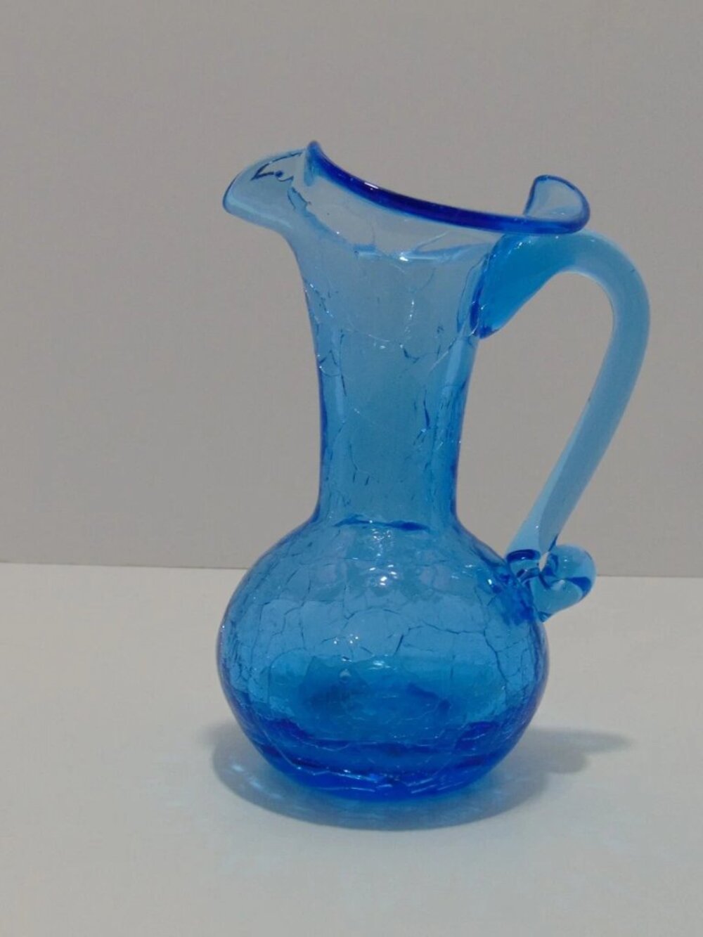 Vintage Rainbow Art Glass Blue Crackle Pitcher Handblown MCM 5 Inch